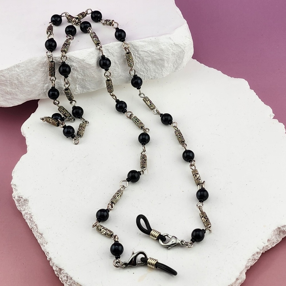 Black Beaded Eyeglass Chain Antiqued Silver Tone Boho Glasses Holder Lanyard